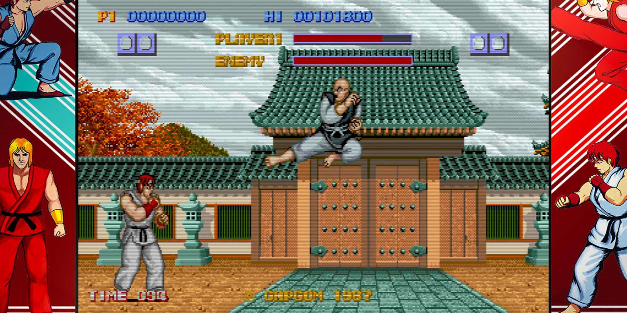 Retsu divekicks toward Ryu in front of a temple in Street Fighter 1.