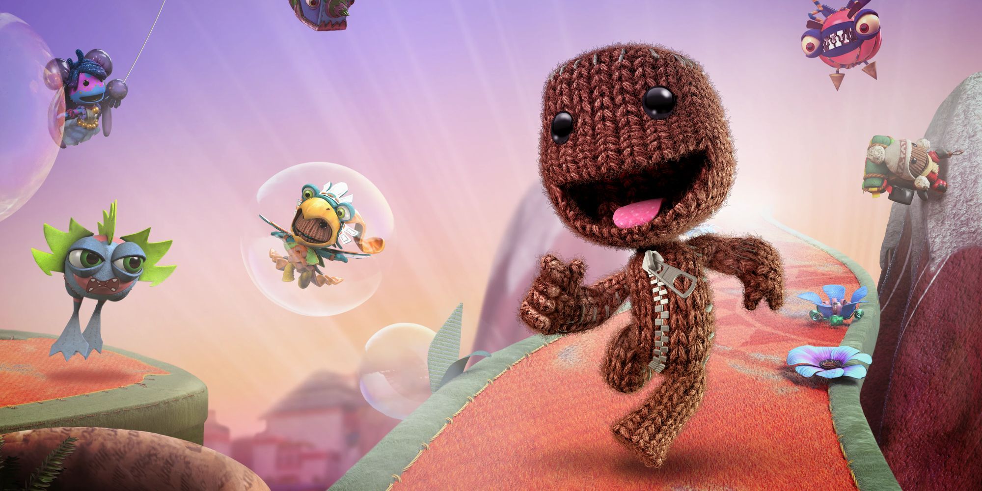 Sackboy runs down a path surrounded by enemies