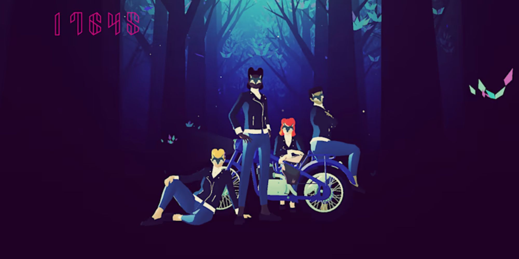 A gang stands near a bike in a forest at night