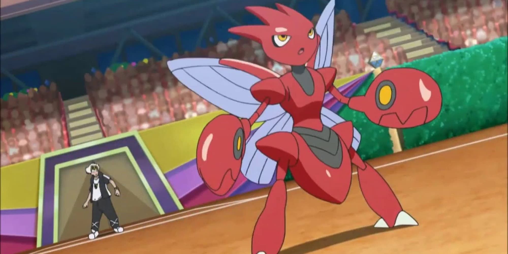 Scizor looks up cautiously as it awaits to begin battle on the field in Pokemon.