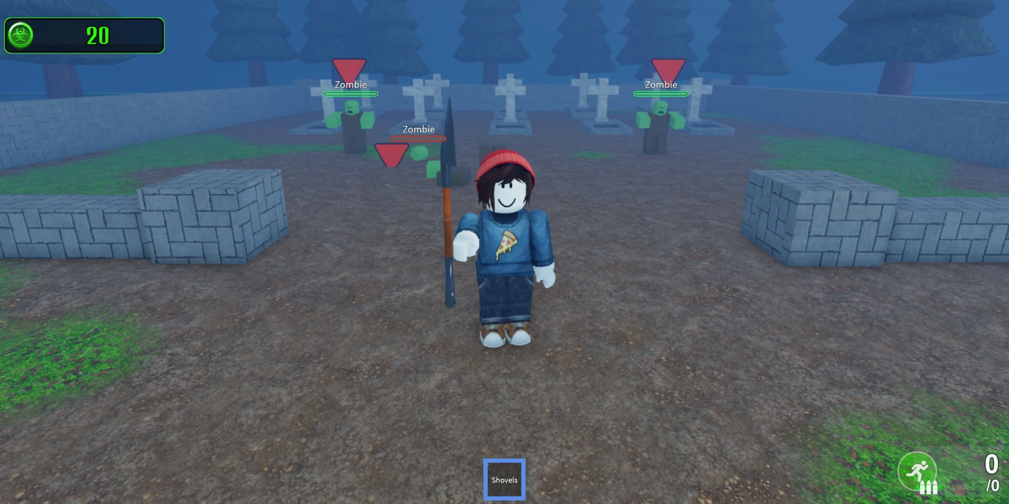 Standing with a shovel in front of zomies in Zombie Wars Tycoon on Roblox