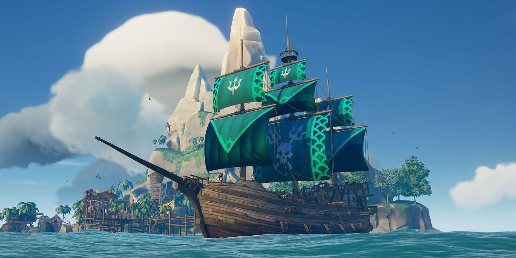 Sea Of Thieves: A Galleon Anchored Outside An Island