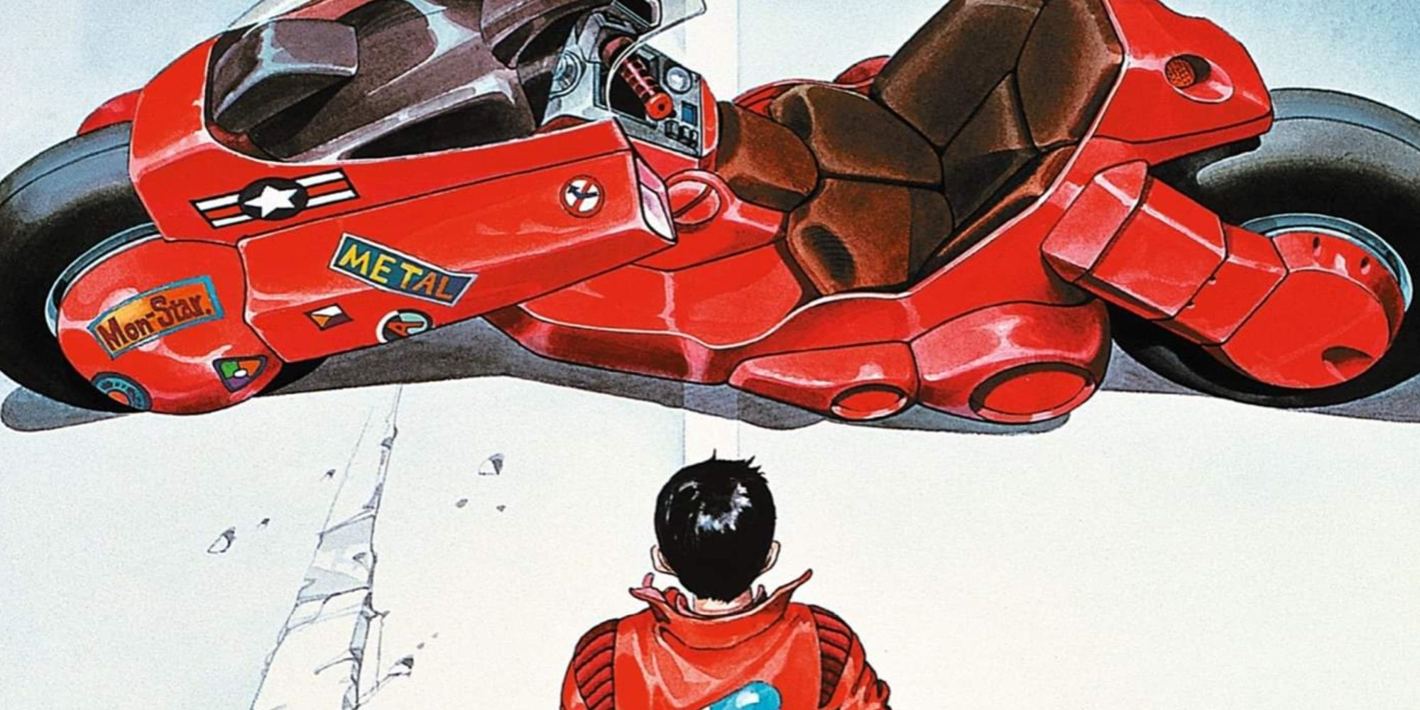 Shōtarō Kaneda standing in front of his motorcycle in the official Akira poster
