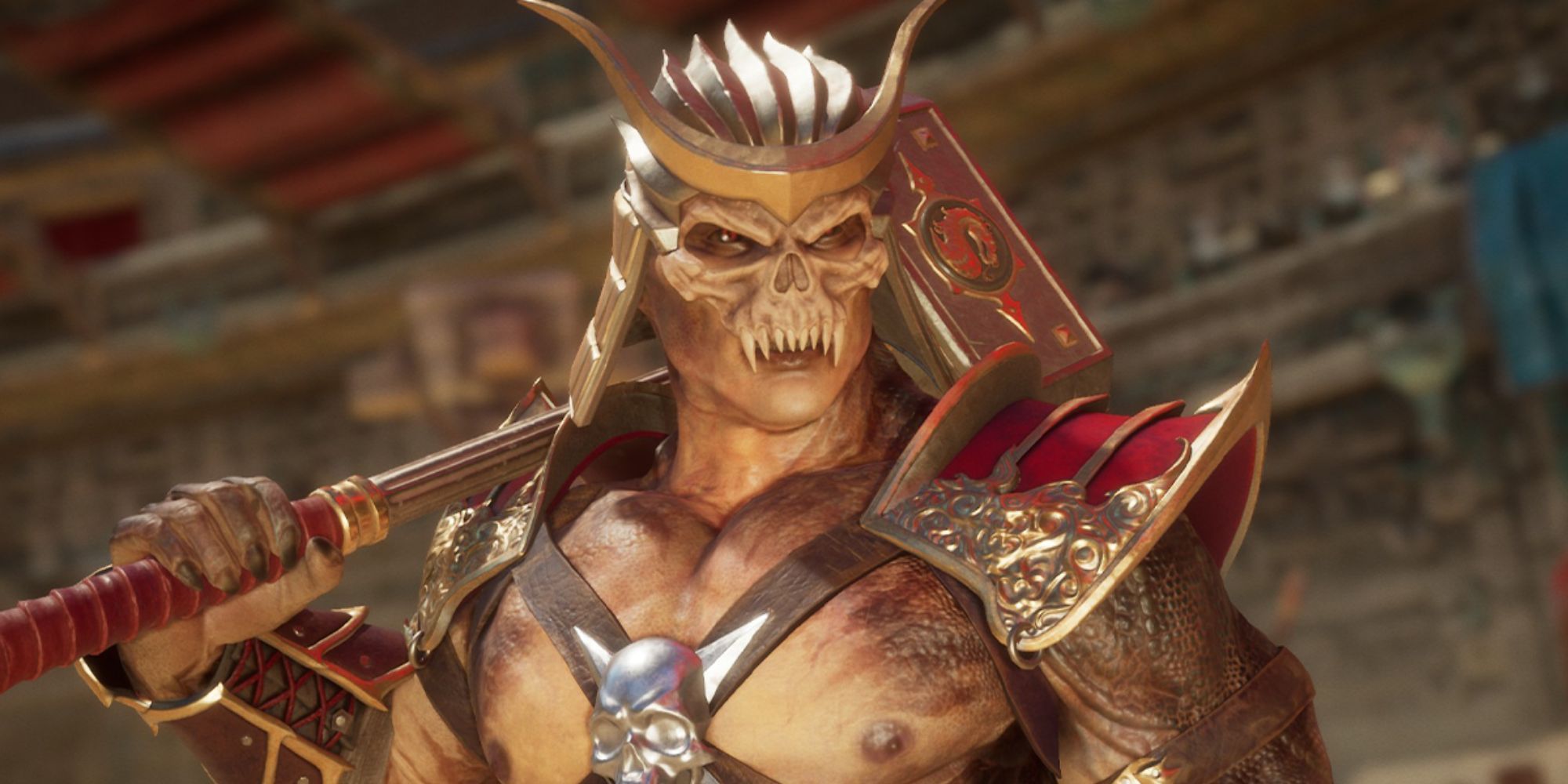 Shao Kahn in Mortal Kombat 11 holding his hammer