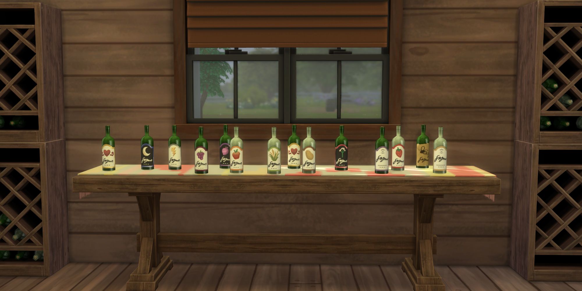 Sims 4 all types of nectar on a table sitting in front of a window