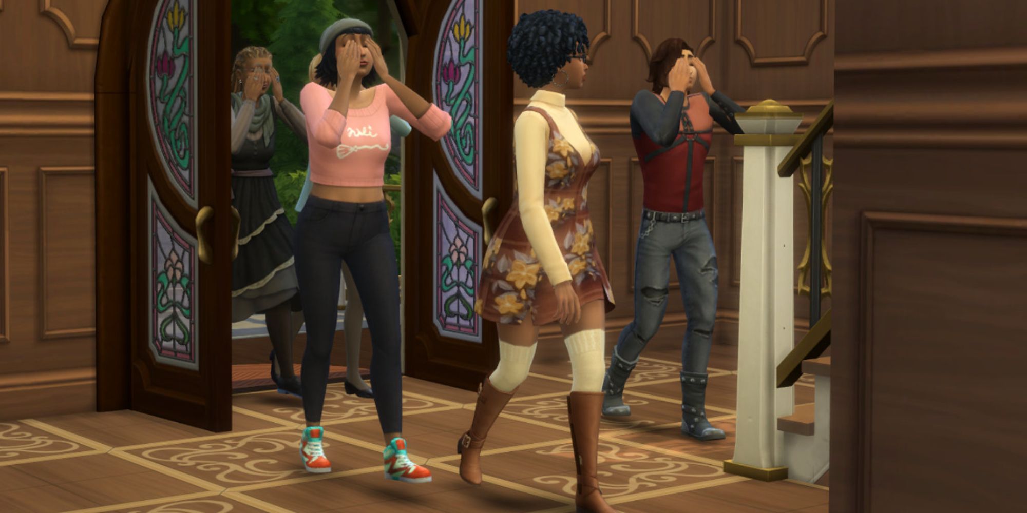 Sims 4 decorator career reveal as sims enter the door with eyes covered