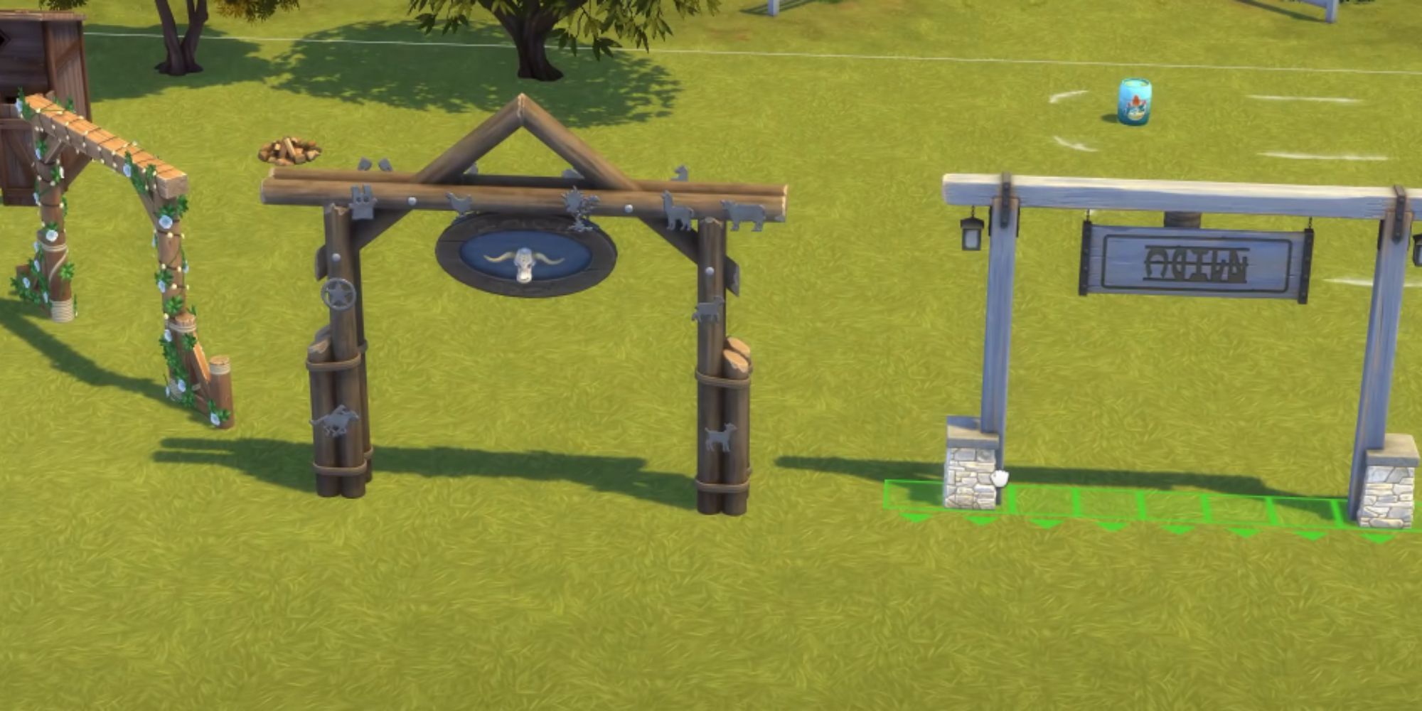 3 Sims 4 rustic arches on the grass