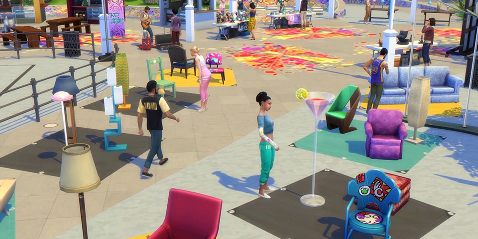 Sims walking around the Flea Market and checking out various furniture on display