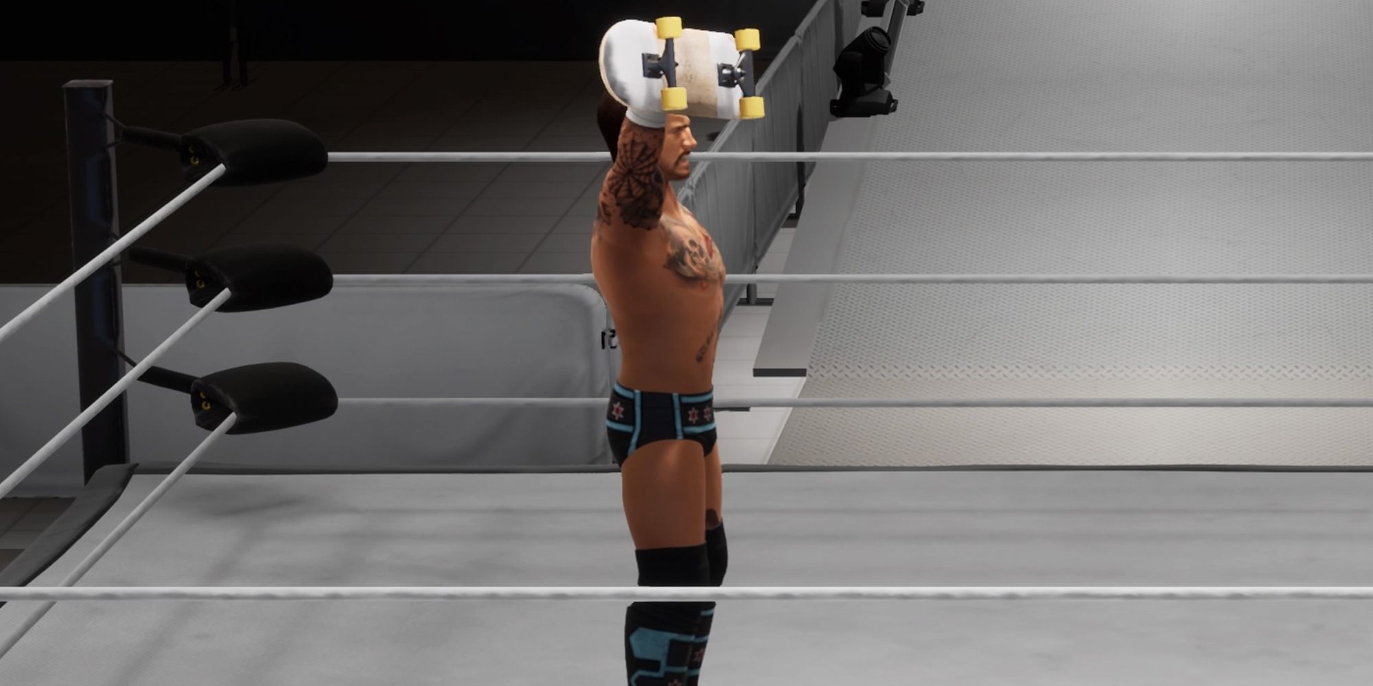 CM Punk poses by holding up the skateboard with one hand, over his head, in AEW Fight Forever.