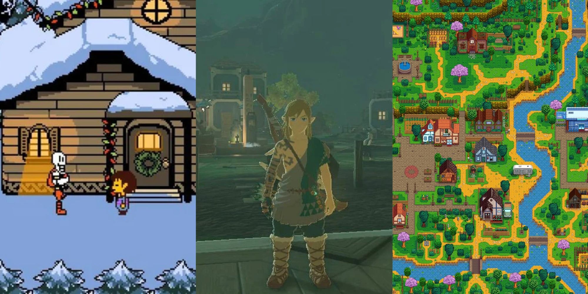 Papyrus at Snowdin, Link in Tarrey Town, and Stardew Valley