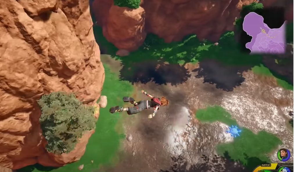 Sora floating through the forest quarry area in Kingdom Hearts 3