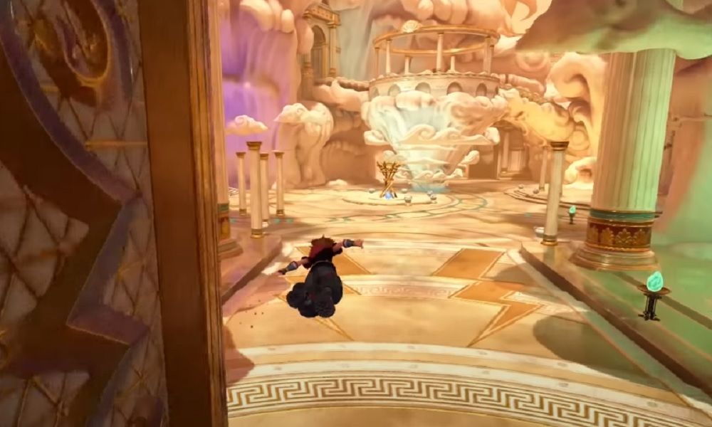 Sora gliding in Mount Olympus in Kingdom Hearts 3