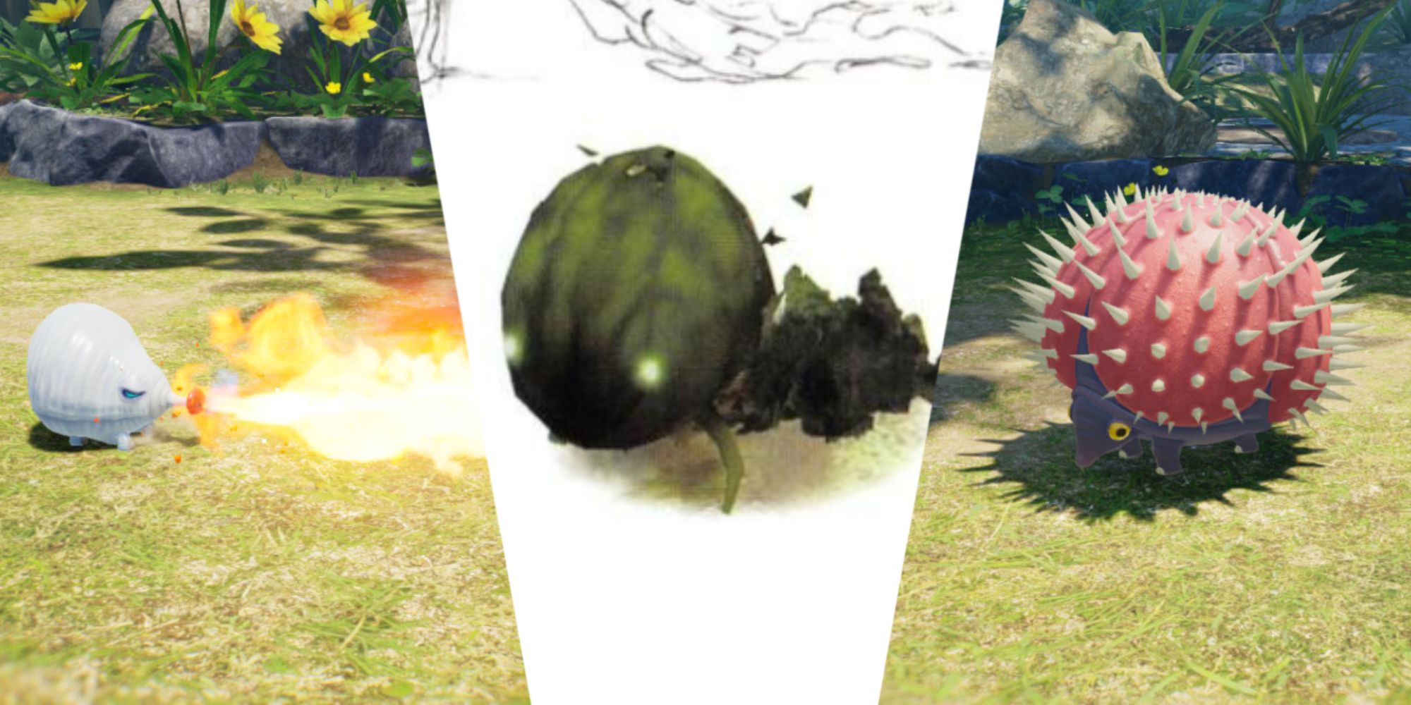 Split Image of Enemies from Pikmin: Firery Blowhog, Smokey Progg, and Quillion