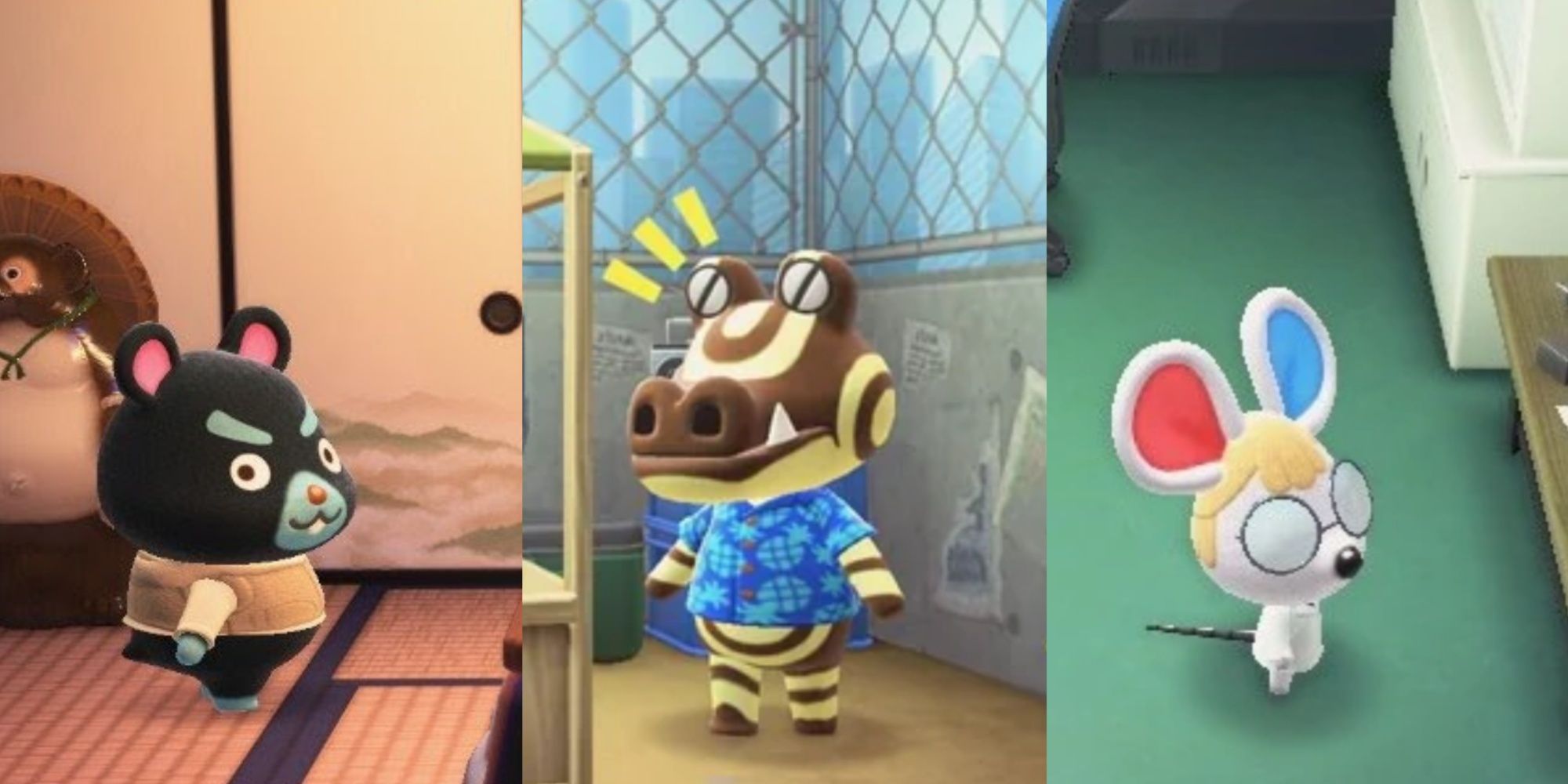 Split image of Hamphrey, Roswell, and Petri in Animal Crossing New Horizons.