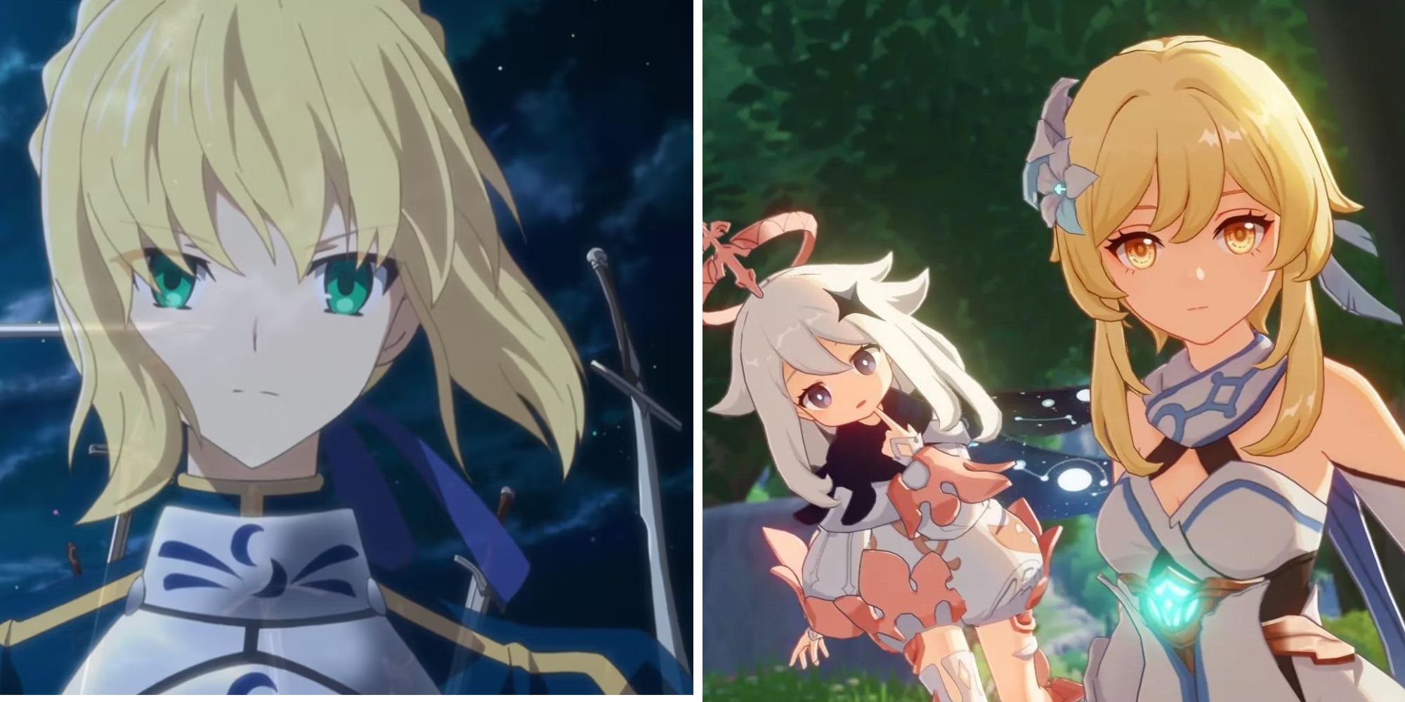 Most Expensive Gacha Games featuring Fate: Grand Order Saber and Genshin Impact's Lumine and Paimon