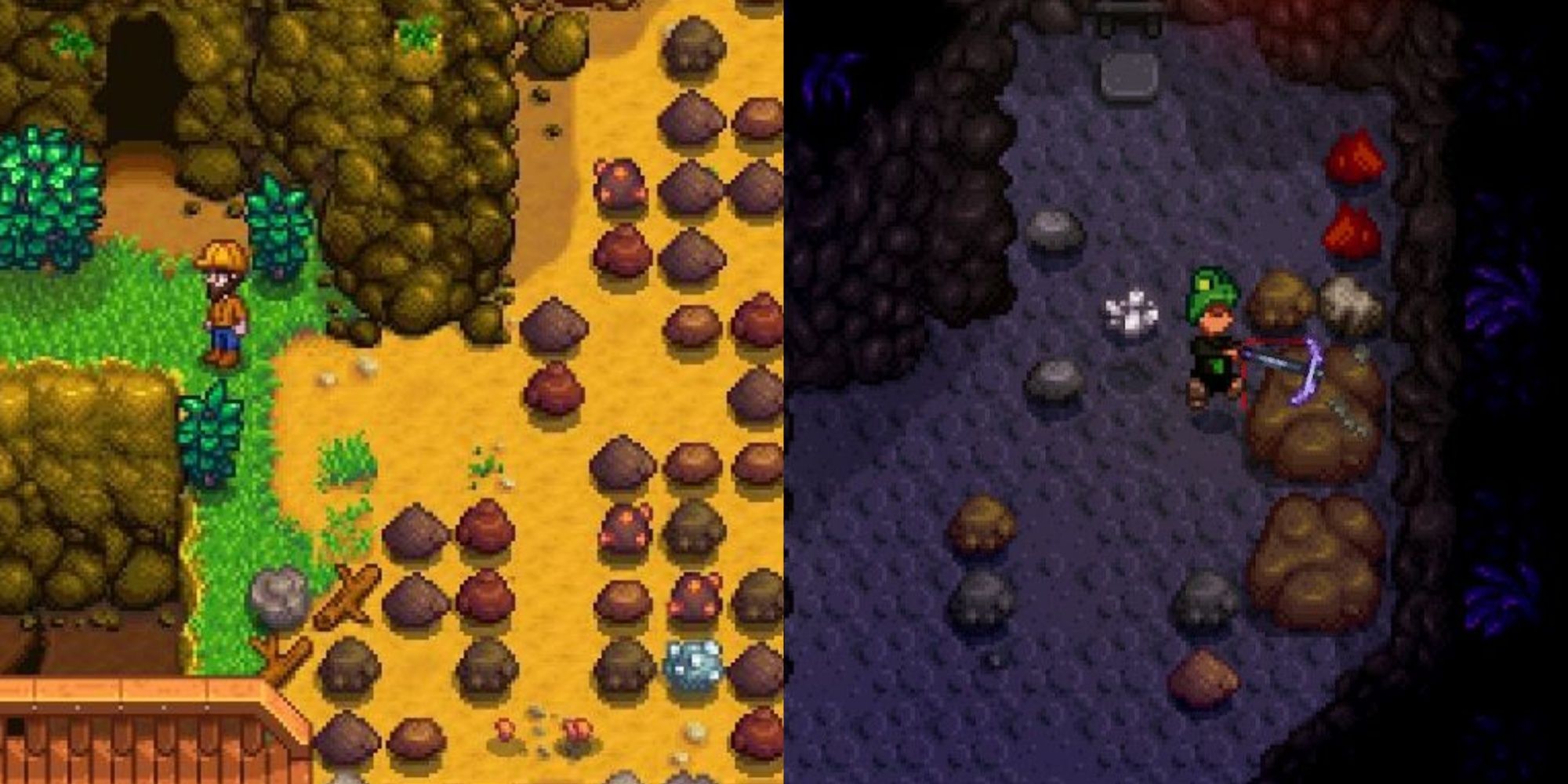 Split images of a farmer at the Quarry and inside the Mines in Stardew Valley