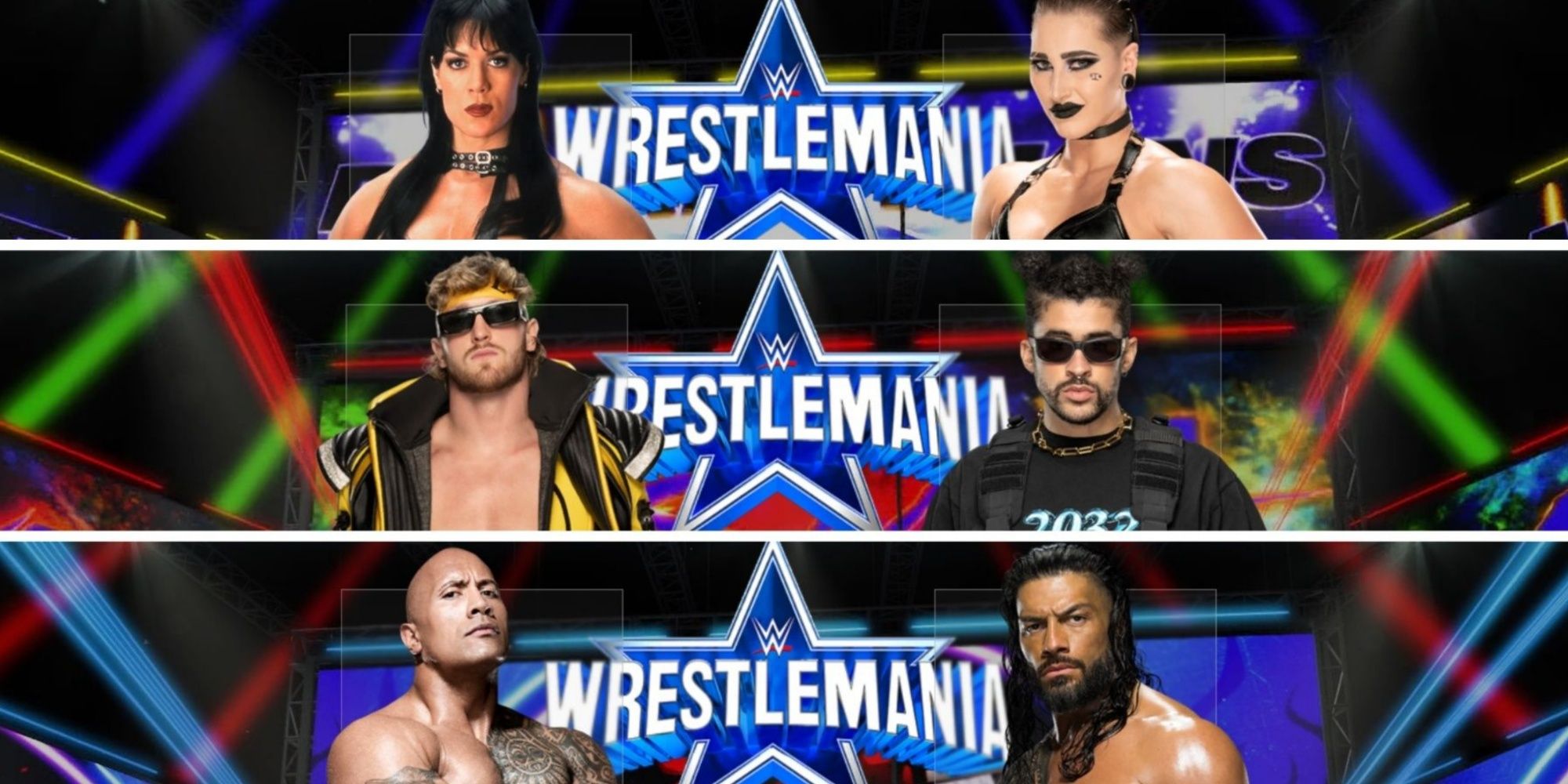 Split images of Chyna Vs Rhea Ripley, Logan Paul Vs Bad Bunny, and The Rock Vs Roman Reigns in WWE 2K23 dream matches.