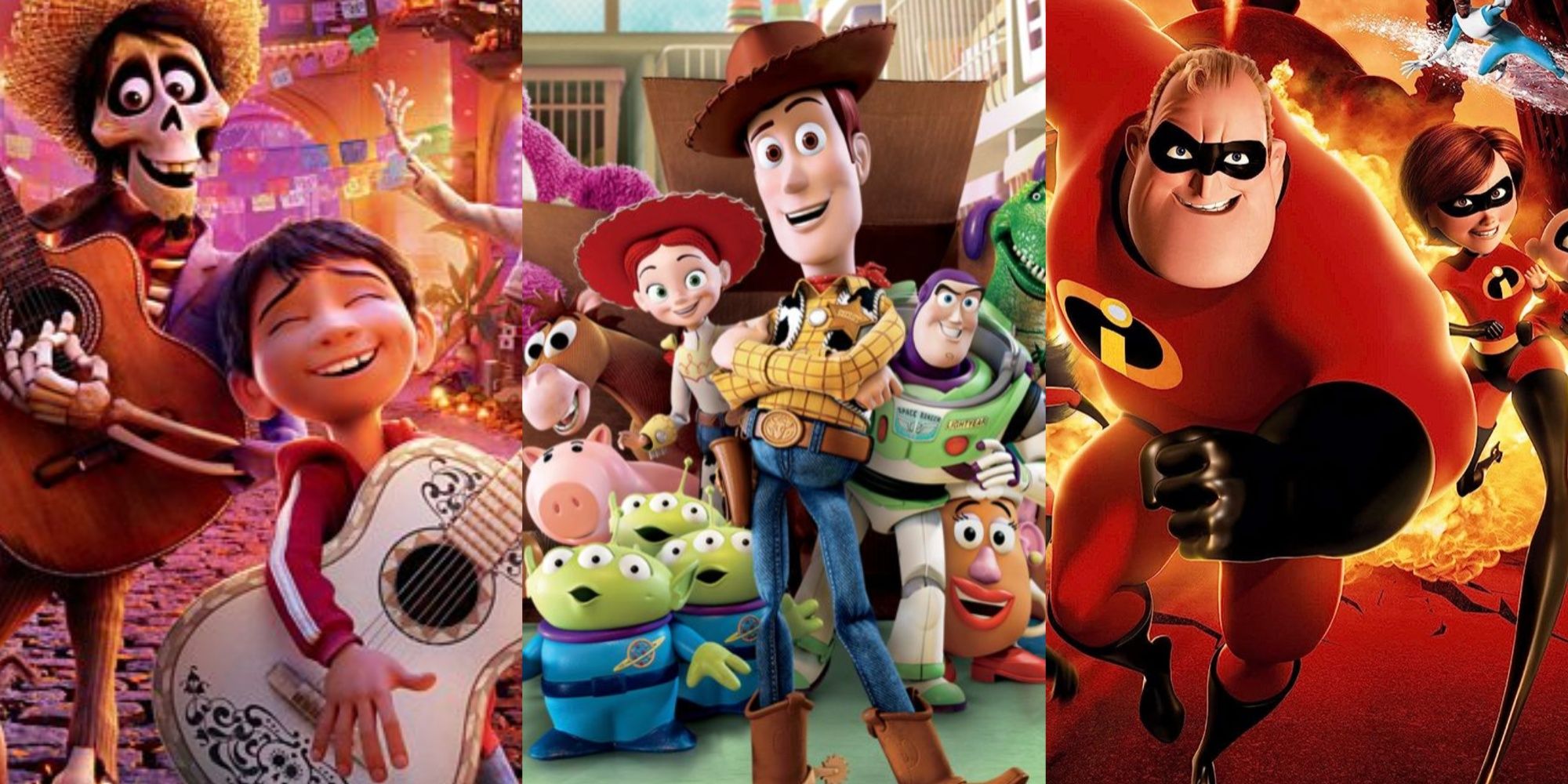Split images of Coco, Toy Story 3, and The Incredibles