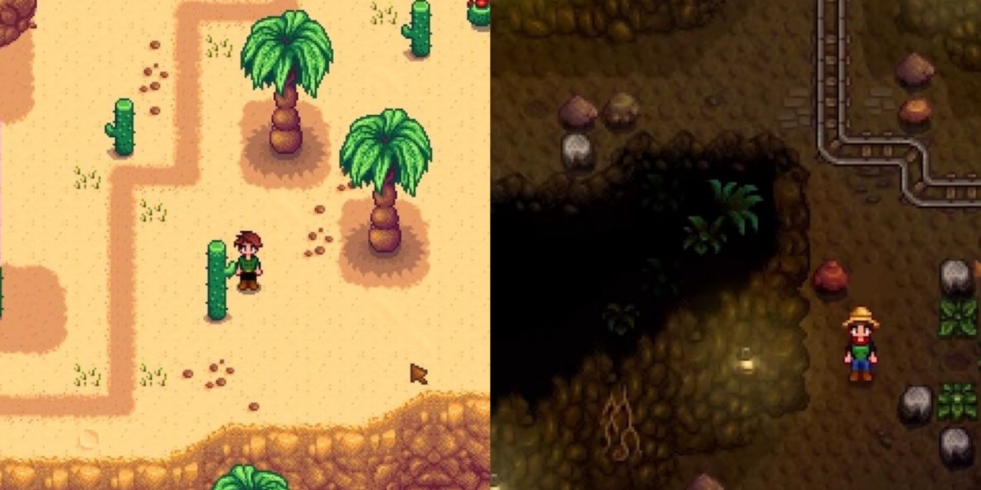Split images of farmer in the Calico Desert and Mines in Stardew Valley