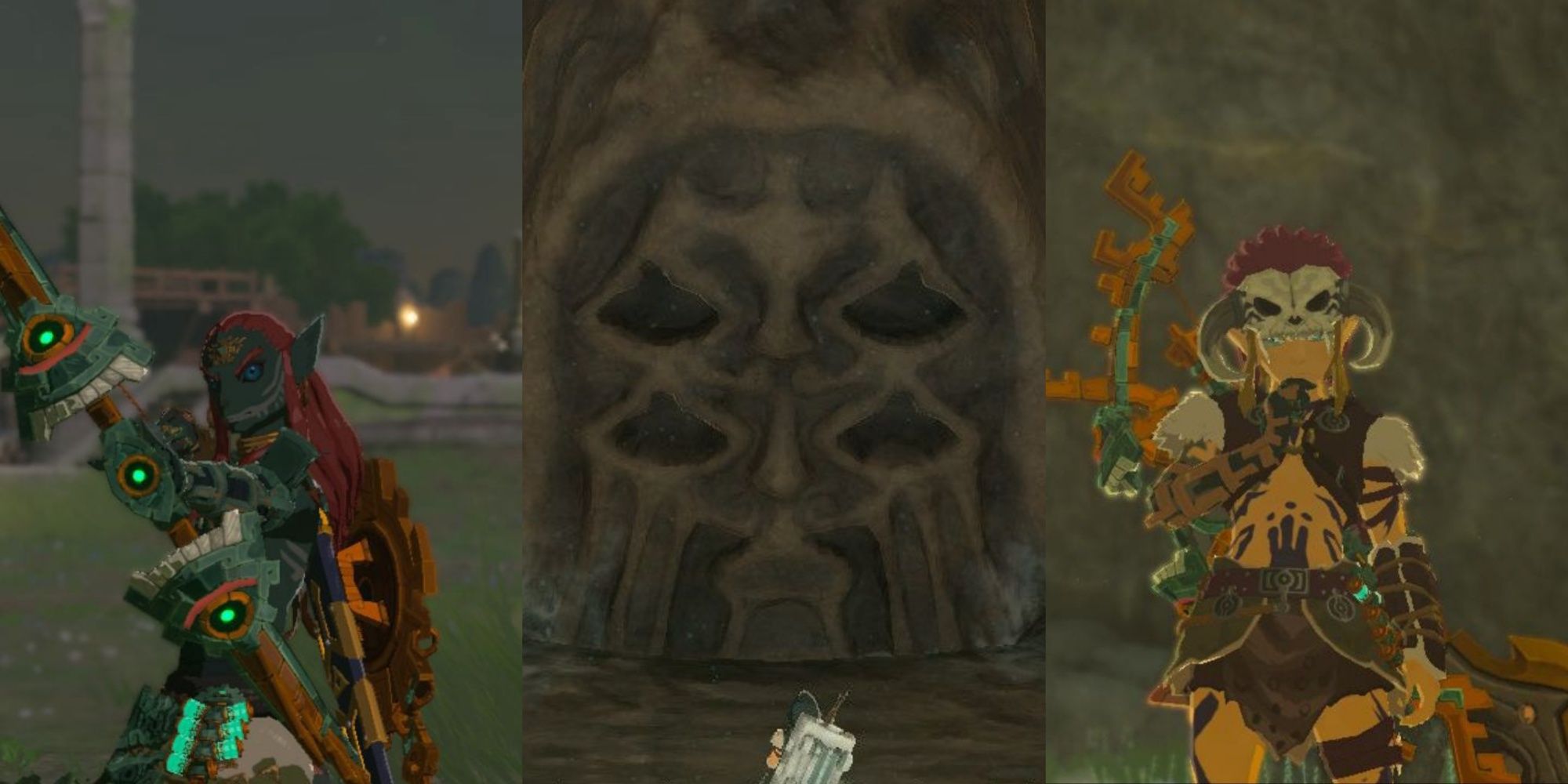 Split images of Link dressed as the ancient hero, standing in front of a Bargainer Statue, and wearing the Barbarian Armor set in Tears of the Kingdom