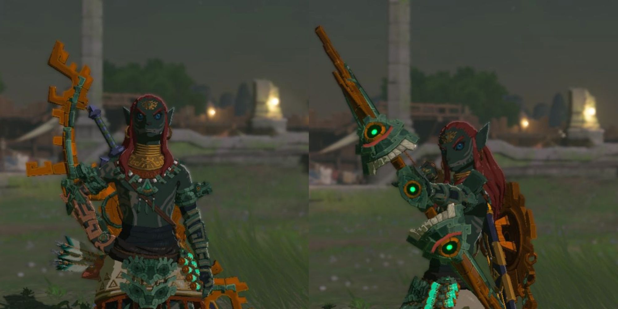 Split images of Link dressed as the ancient hero in Tears of the Kingdom