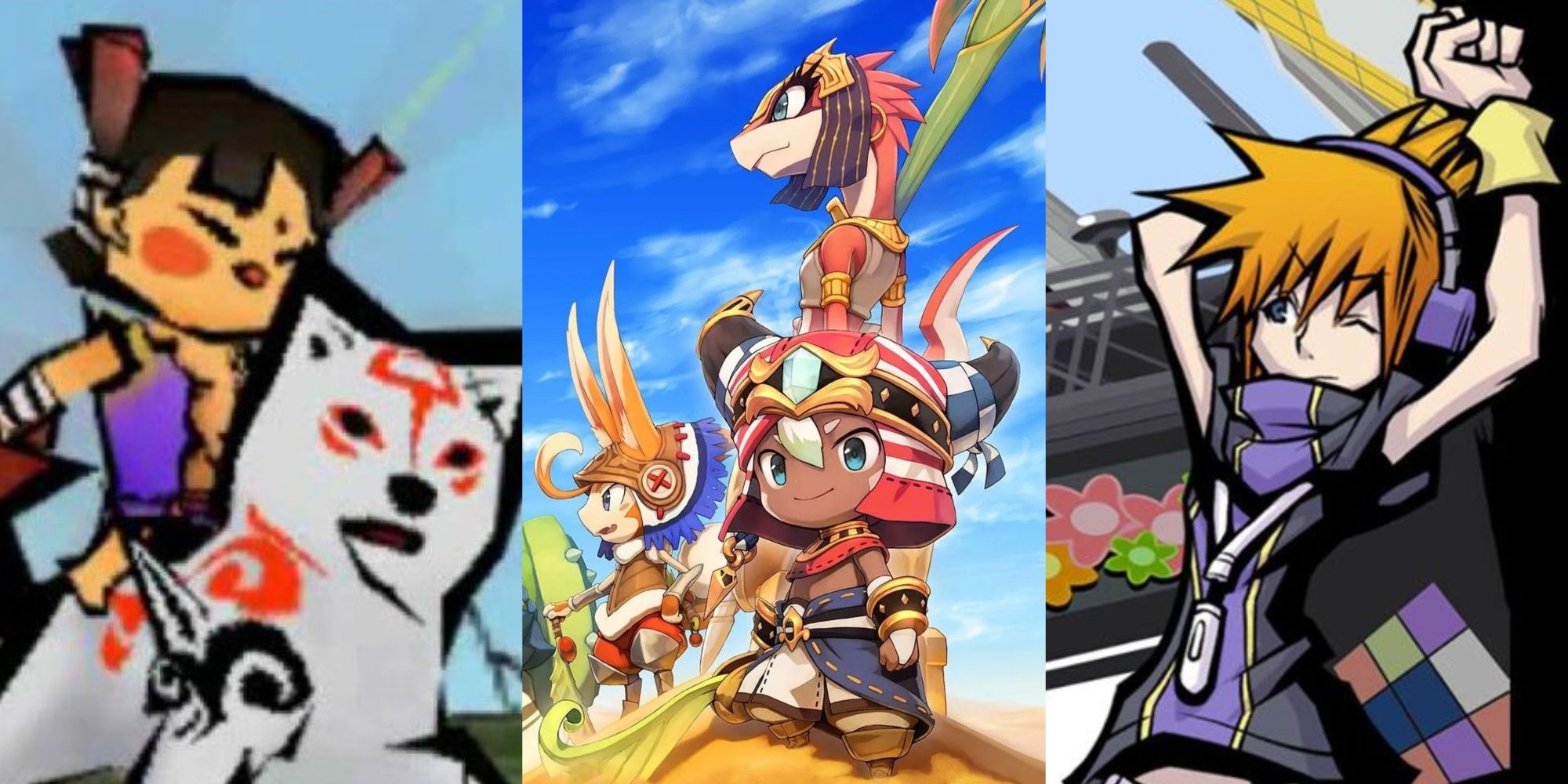 Split images of Okamiden, Ever Oasis, and The World Ends With You