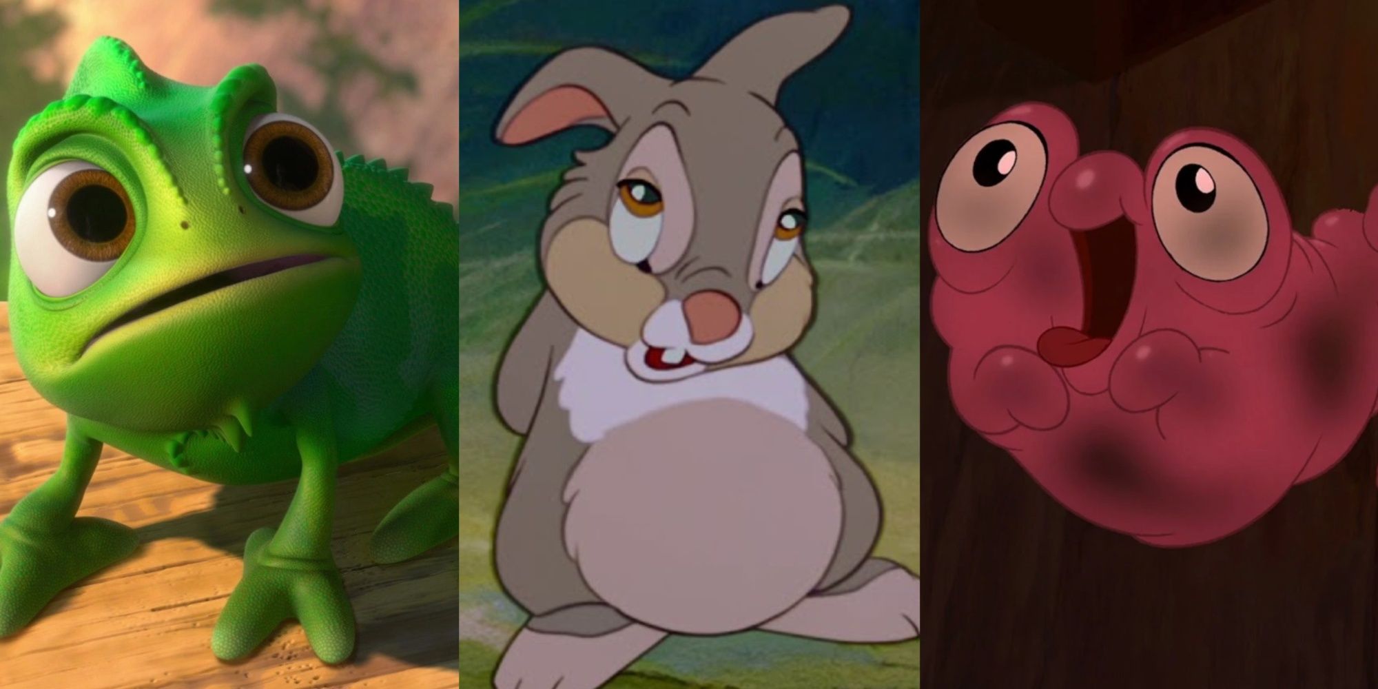Split images of Pascal from Tangled, Thumper from Bambi, and Morph from Treasure Planet