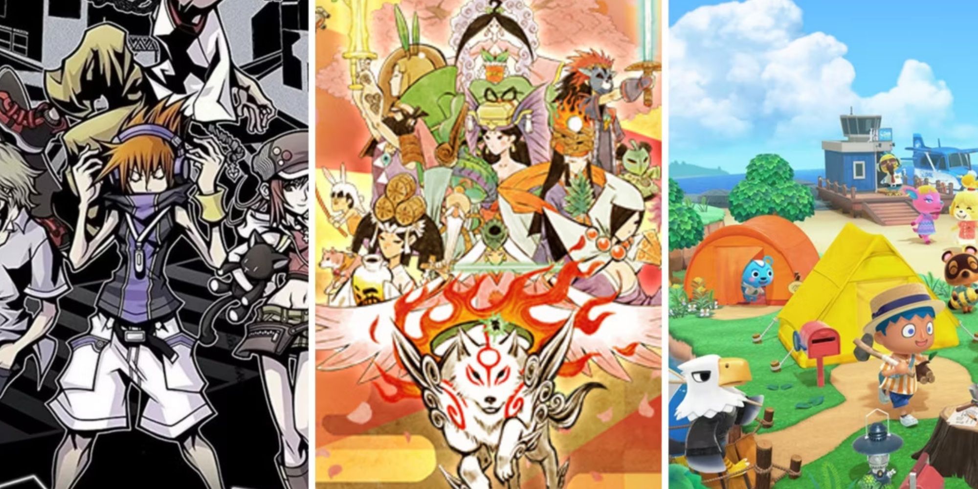 Split images of The World Ends With You- Okami- and Animal Crossing New Horizons