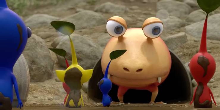 The spotty bulborb of the grub-dog class looks angry to see Pikmin invading its home.