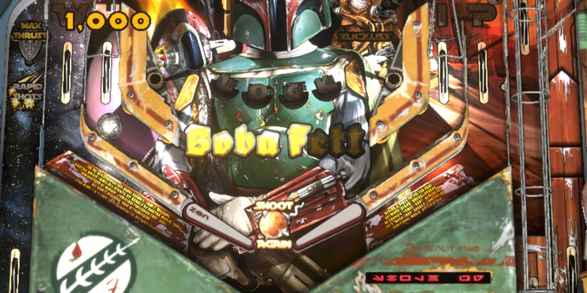 A pinball machine featuring the masked bounty hunter, Boba Fett, from Star Wars. Available to play in Zen Pinball Party.