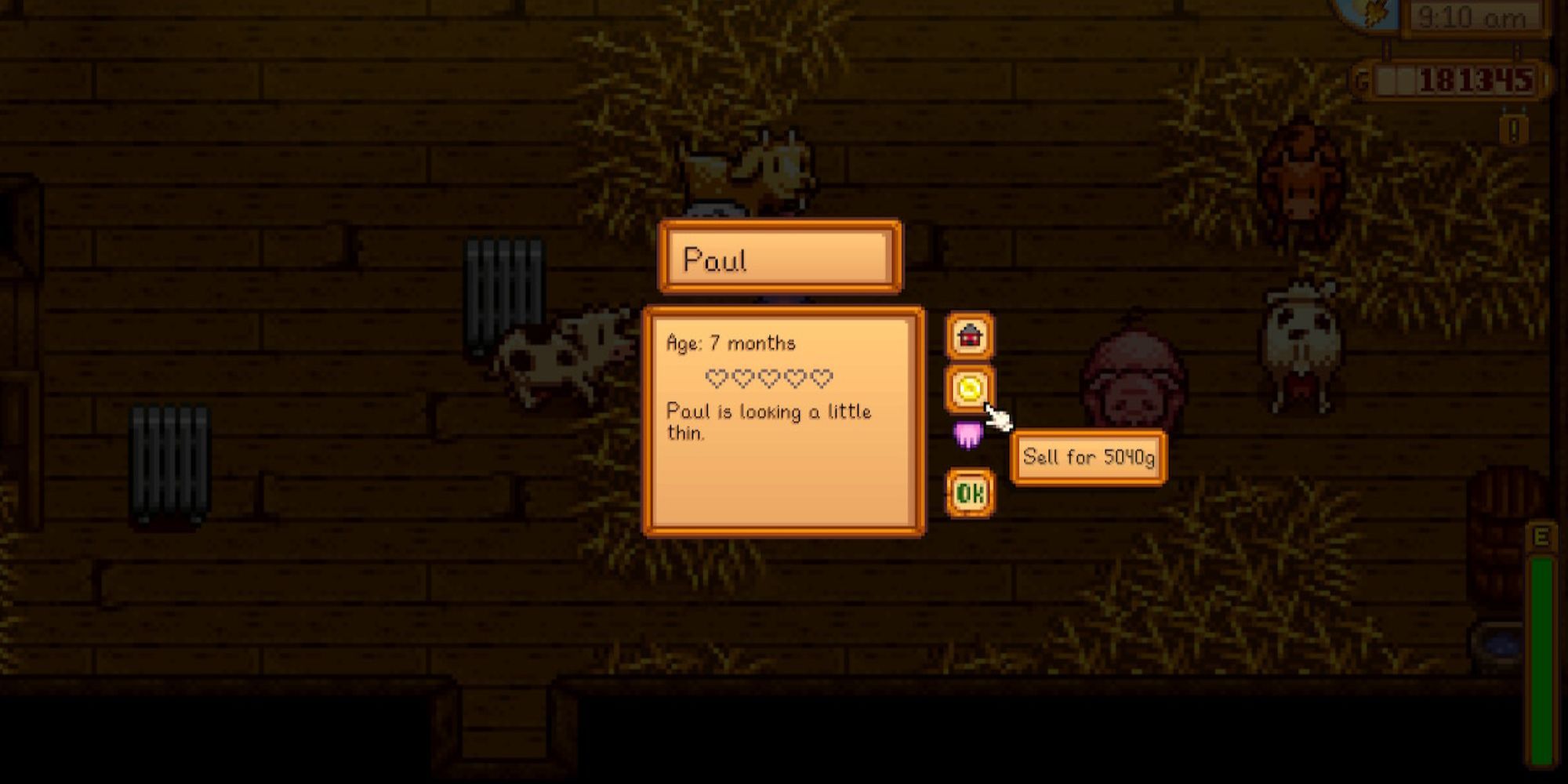 Livestock info UI for stardew valley showing livestock available for sale