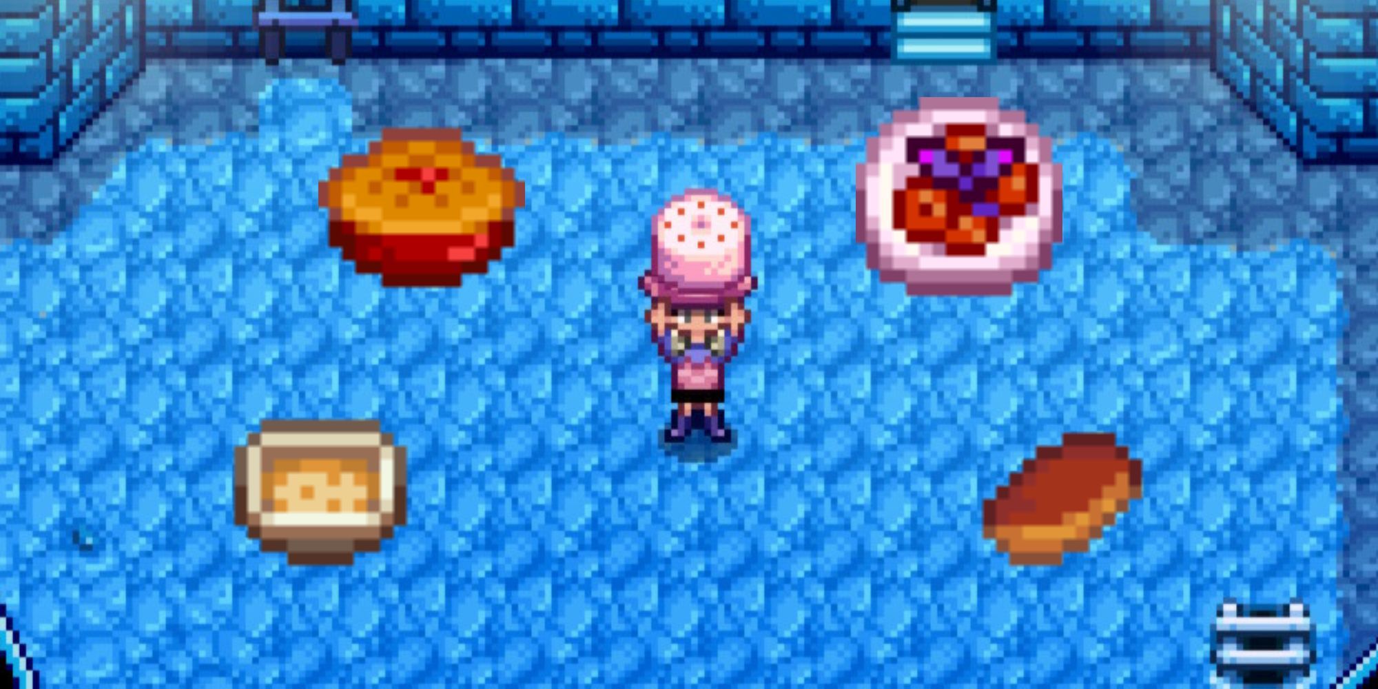 stardew valley character holding pink cake with other stardew valley food