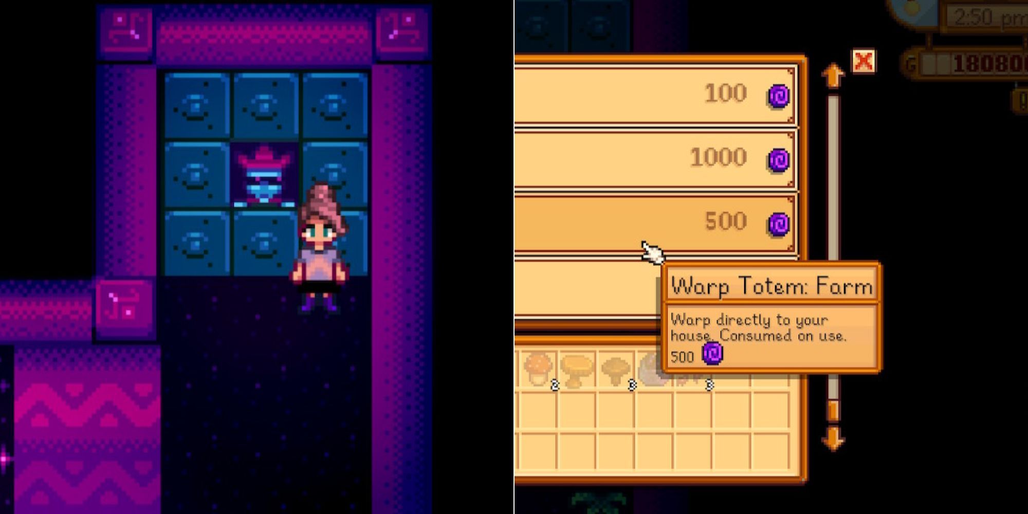 UI showing option to purchase Stardew Valley Farm and Warp Totem near Mr. Qi