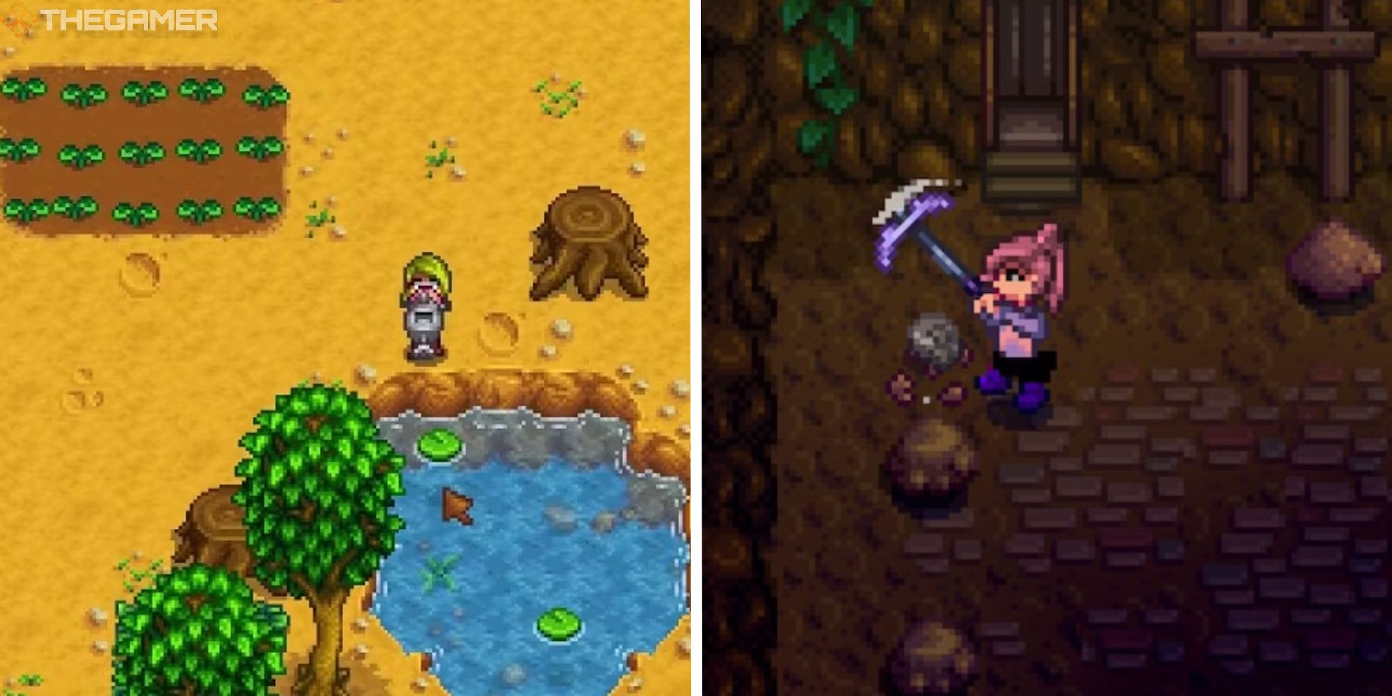 split image showing player using a watering can next to an image of a player using a pickaxe