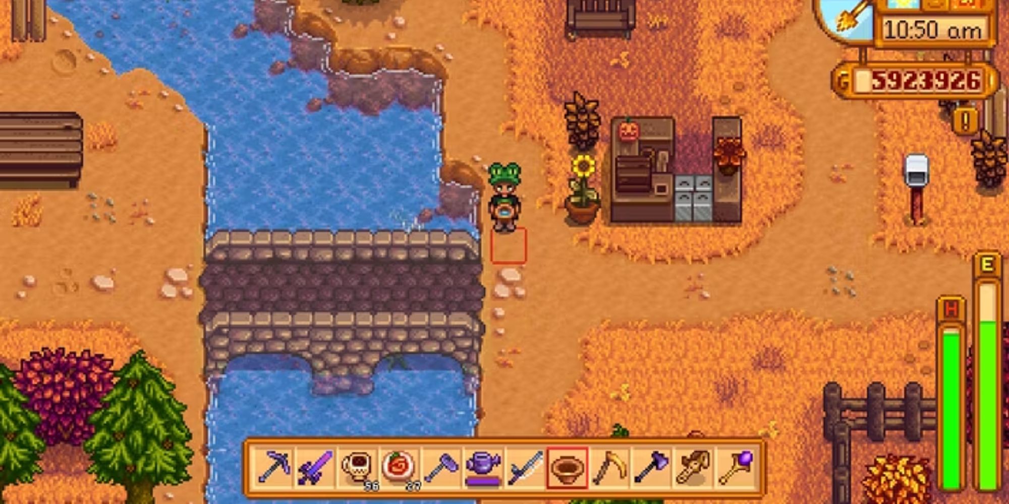 stardew valley player holding a copper pan