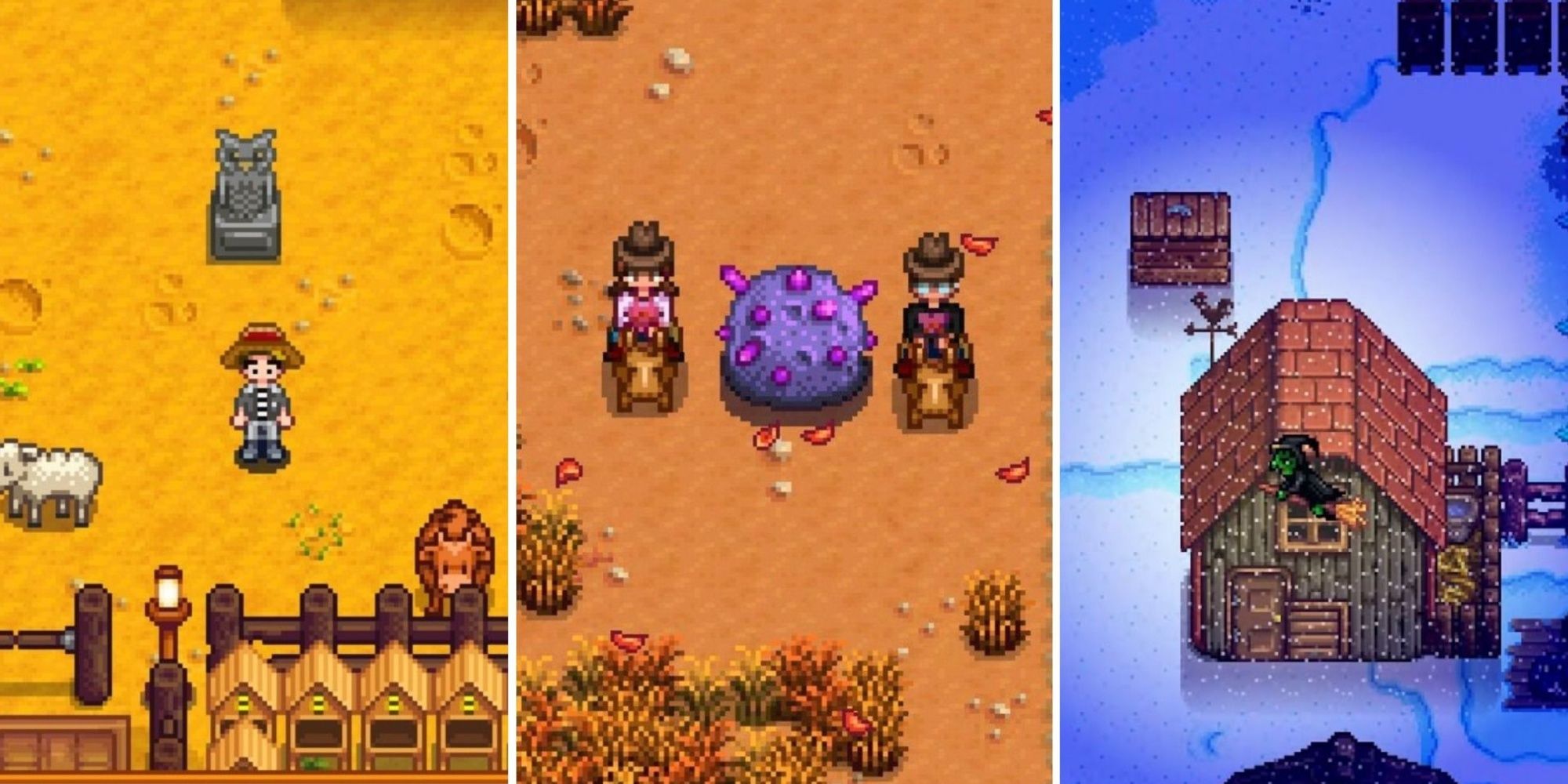 Stardew Valley split image of player standing next to Stone Owl, two farmers standing next to purple meteorite, and witch flying over chicken coop