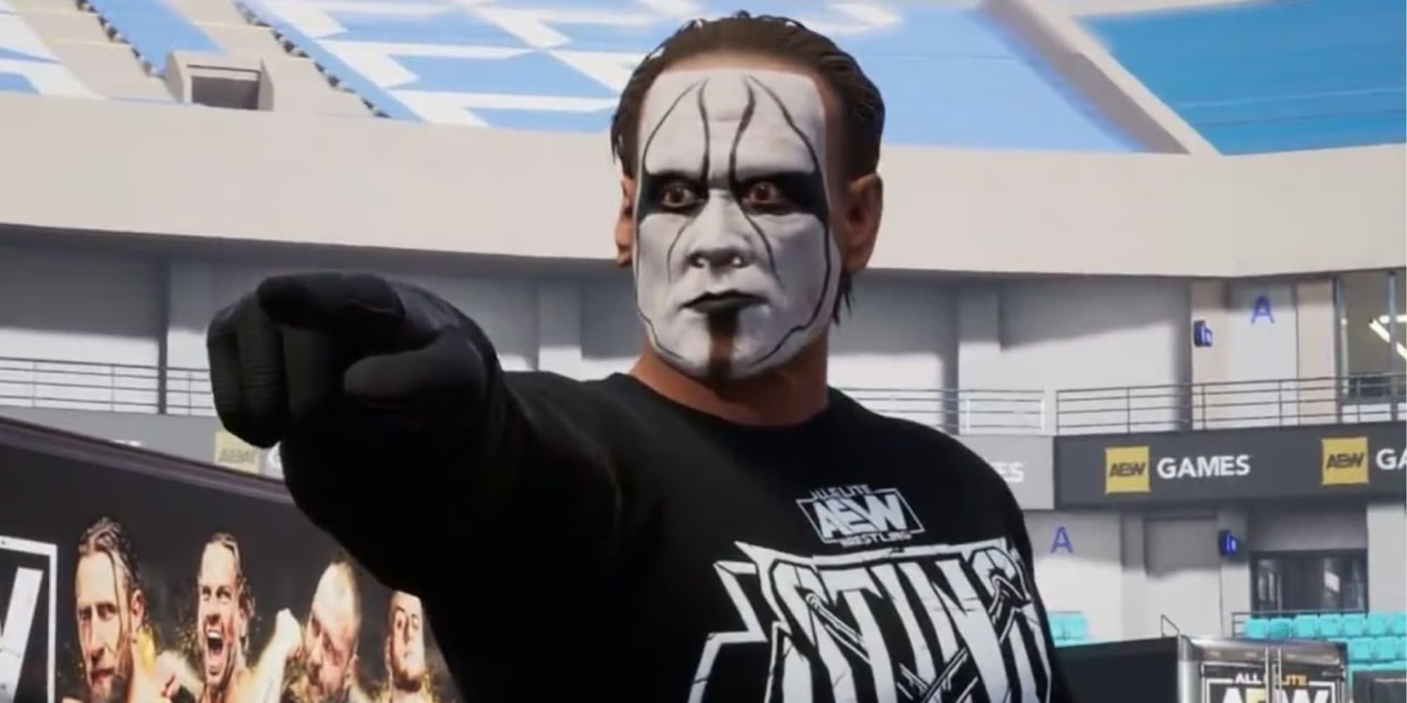 Sting points while standing in the Stadium area of AEW Fight Forever.