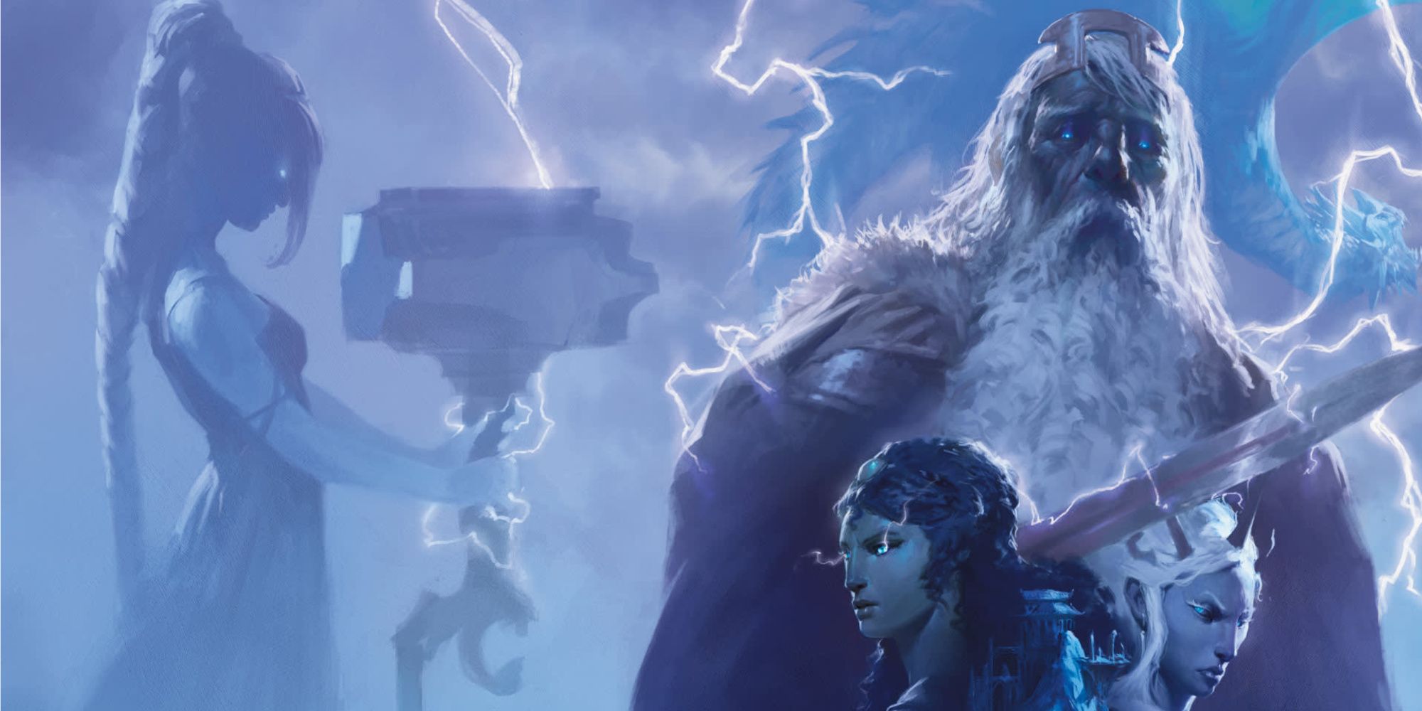 Storm King's Thunder cover, featuring a storm giant, a woman holding a hammer with electricity, and two female characters in the foreground