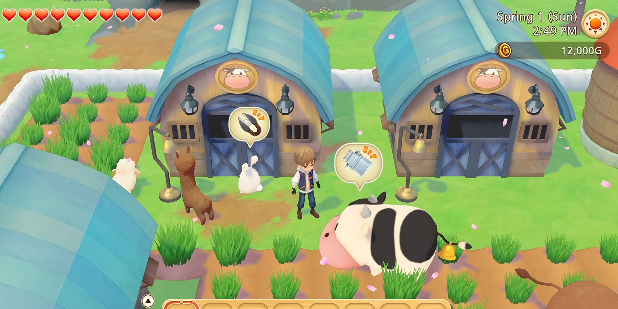 A character surrounded by farm animals in Story of Seasons Pioneers Of Olive Town