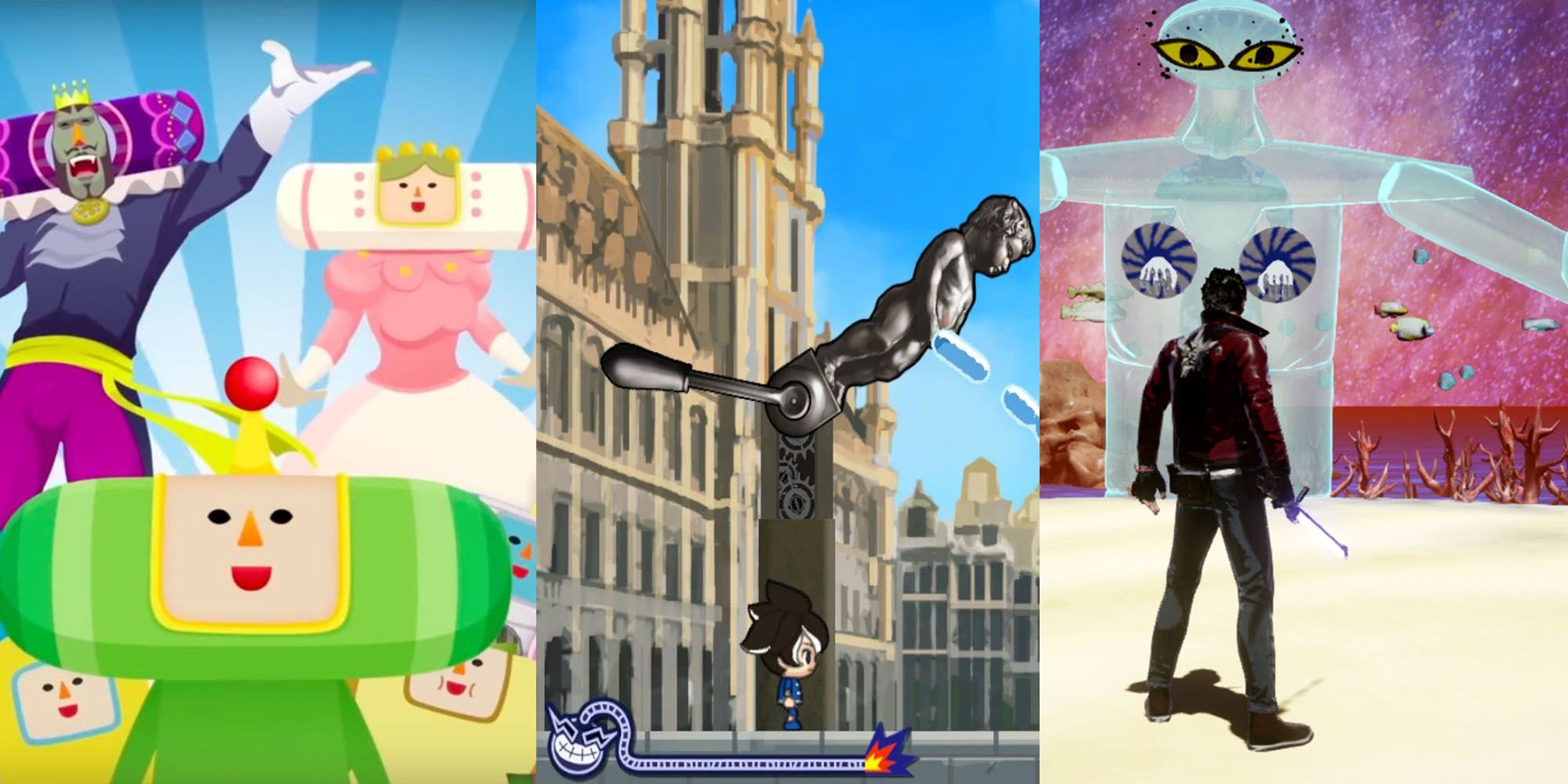A collage of three games, Katamari showing the main cast of god-like characters with colorful oblong heads, Warioware Get it Together showing a mechanical statue peeing water outside a british town, and No More Heroes 3 showing a boss fight with Sonic Joice, a transplucent being with amateurish eyes and paper plate looking nipple tassles.