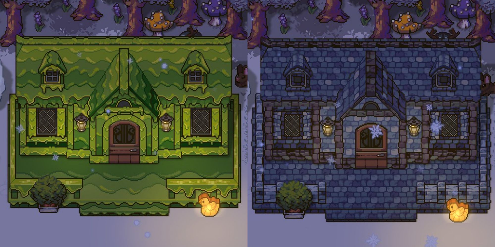 A collage showing a slime house and an old stone house from Sun Haven.