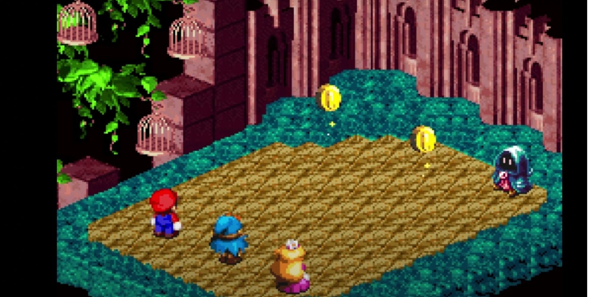 Mario, Geno, and Peach Fighting Baddies in Nimbus Palace