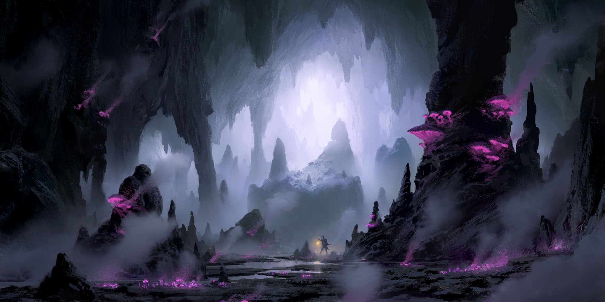 Une Caverne Marécageuse Sombre Avec Des Champignons Roses Brillants