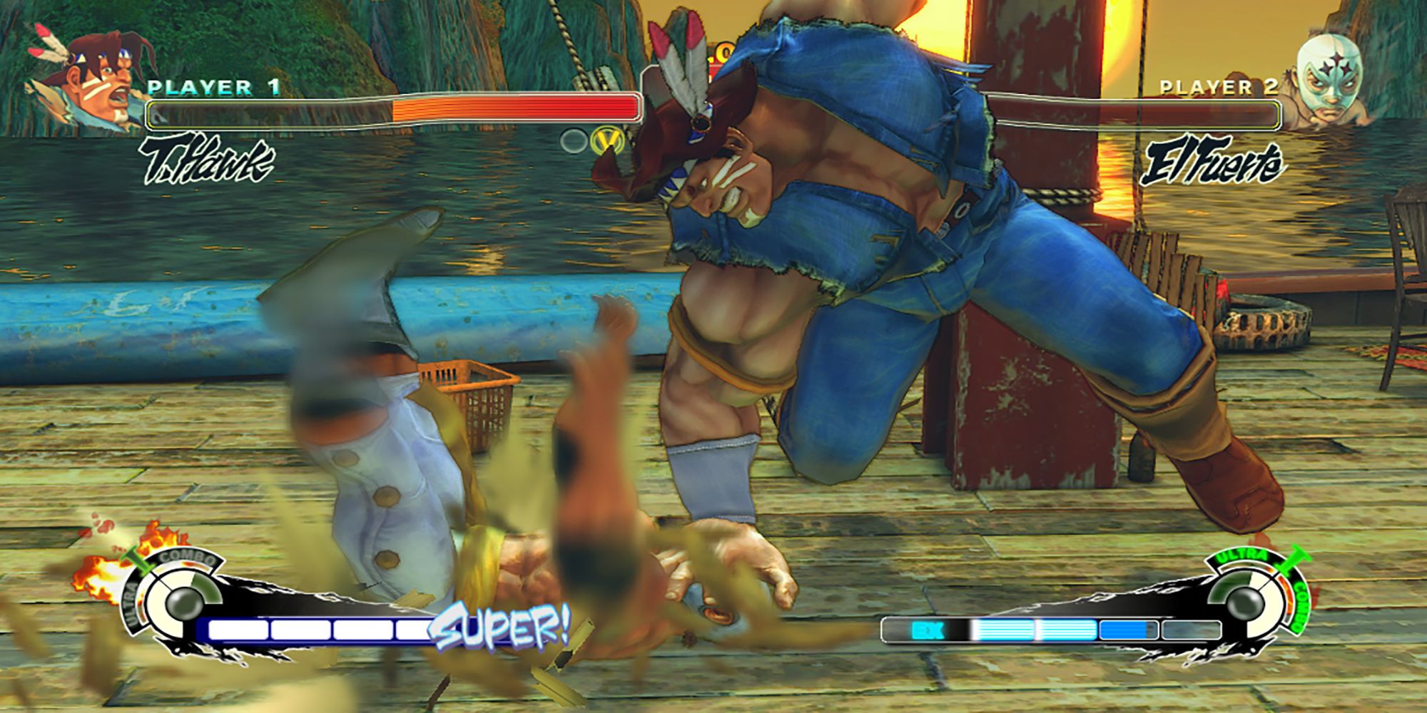 T Hawk strikes down El Fuerte during a match on a raft in Super Street Fighter 4.