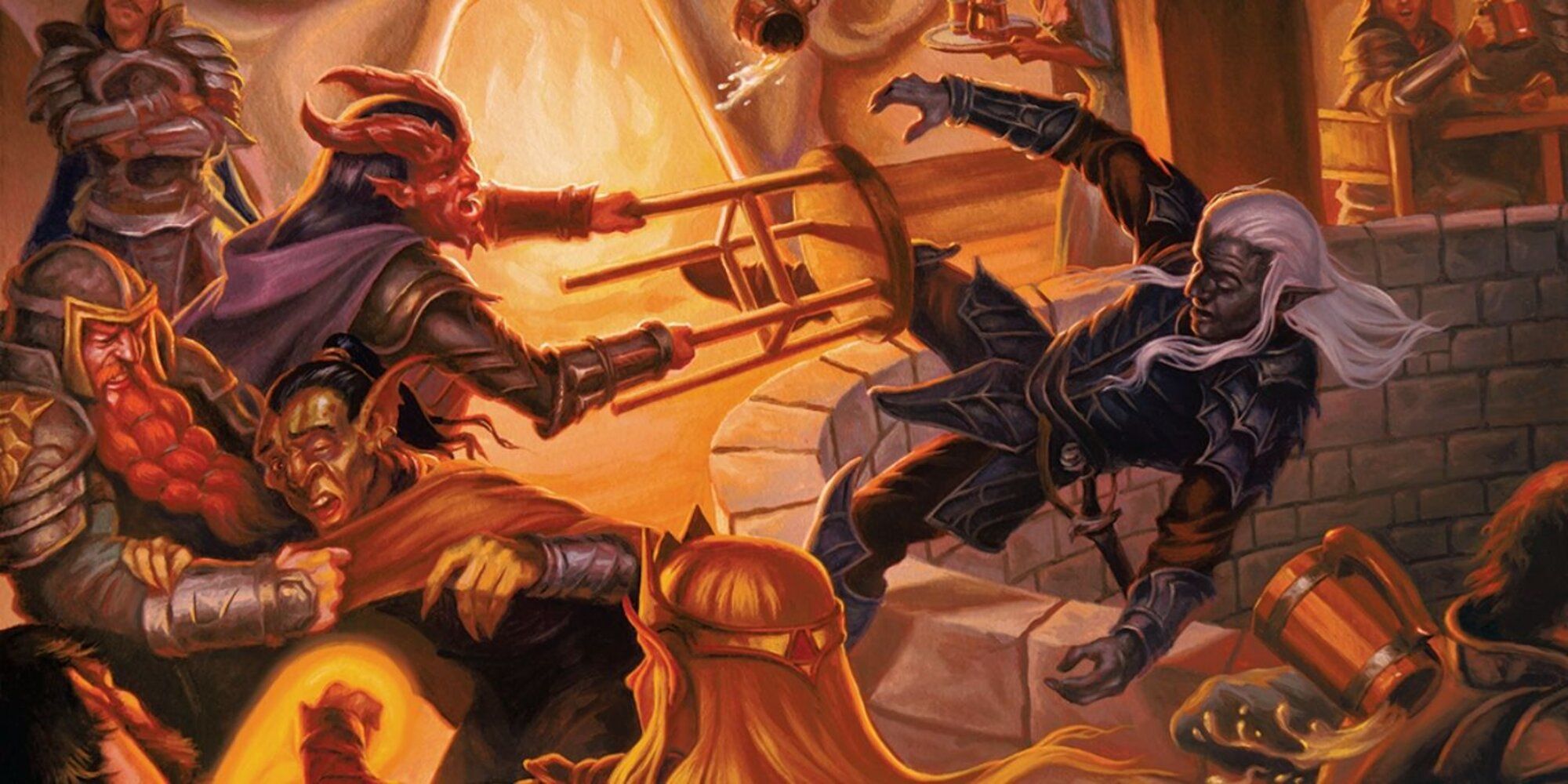 Dungeons & Dragons - Drow Avoids Chair Swung By Tiefling during a tavern brawl