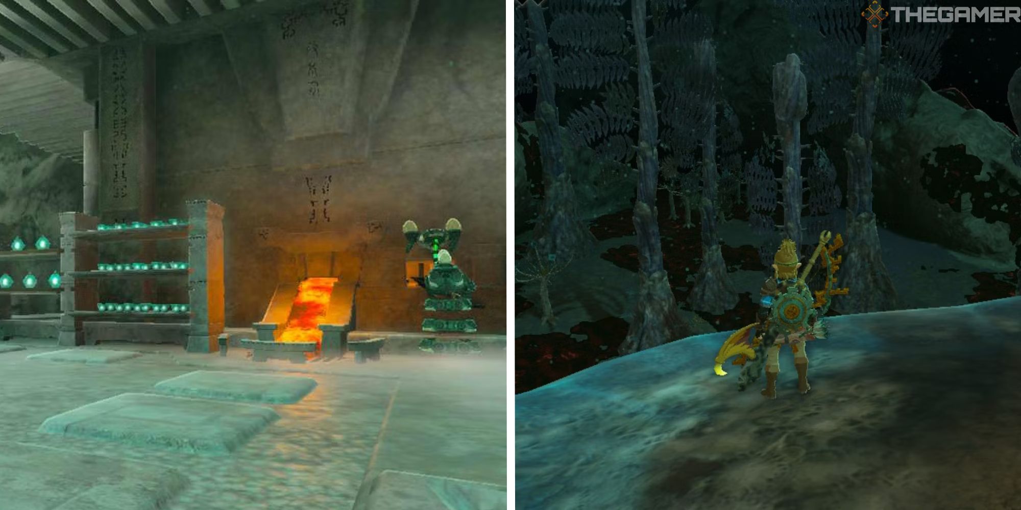 split image showing forge construct next to image of link in the depths