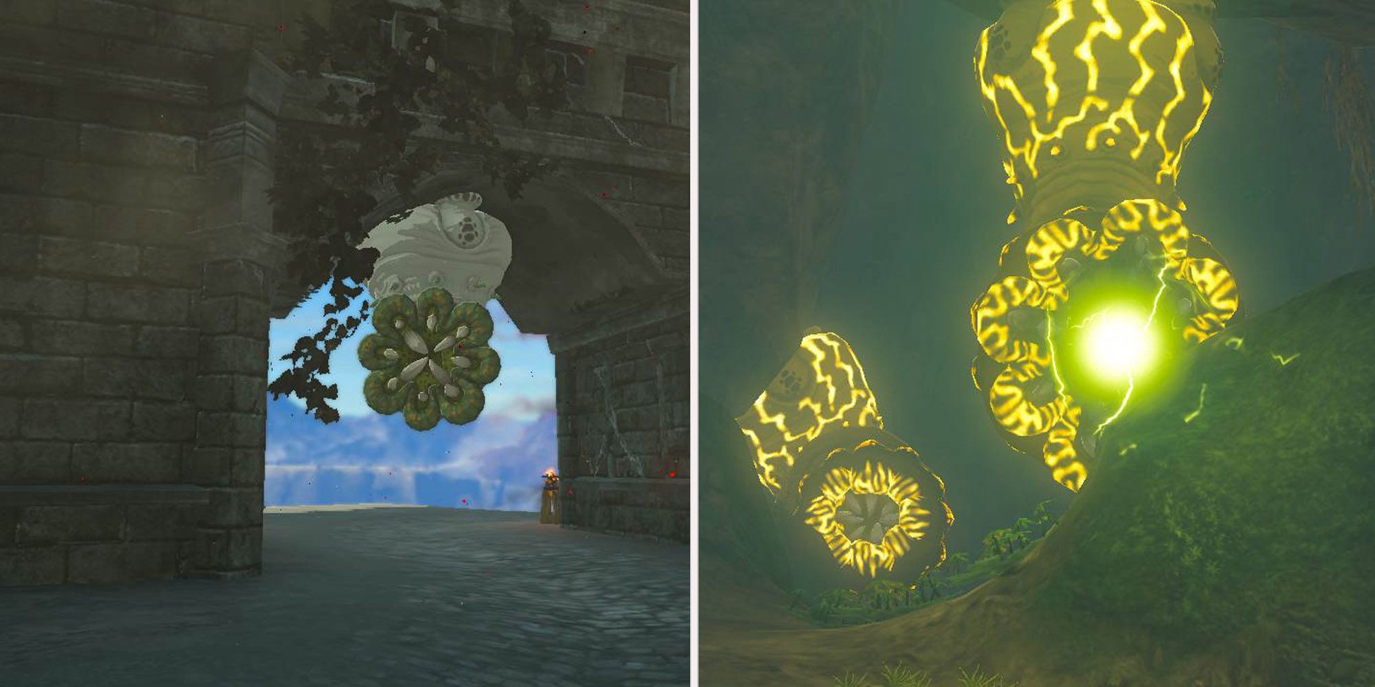 Tears of the Kingdom Left: Like Like outside of Hyrule Castle; Right: Two Shock Likes in a cave