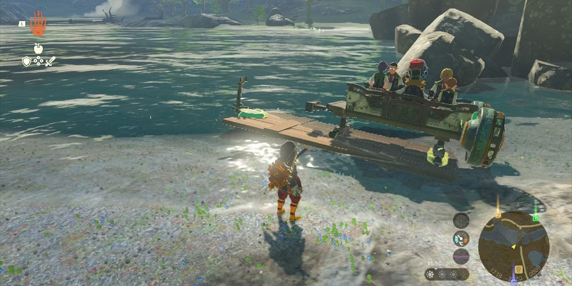 tears of the kingdom link making a boat with NPCs riding on it