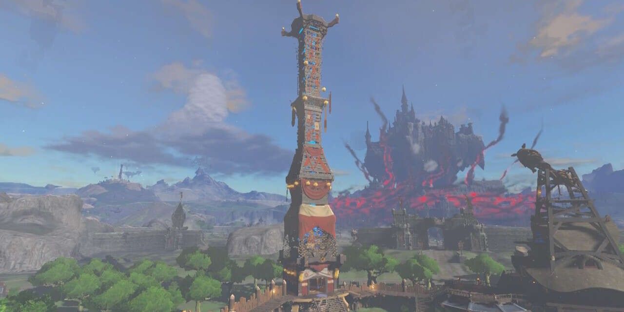 A Skyview Tower with Hyrule Castle in the background