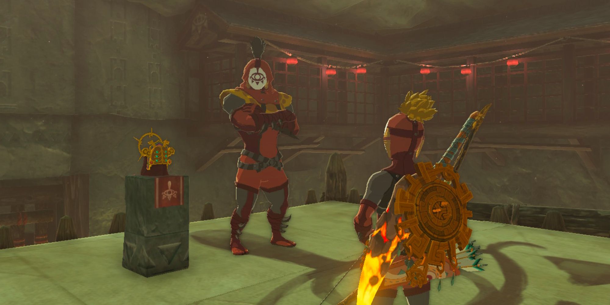 Link speaks to a Yiga Blademaster to train to get rewards.